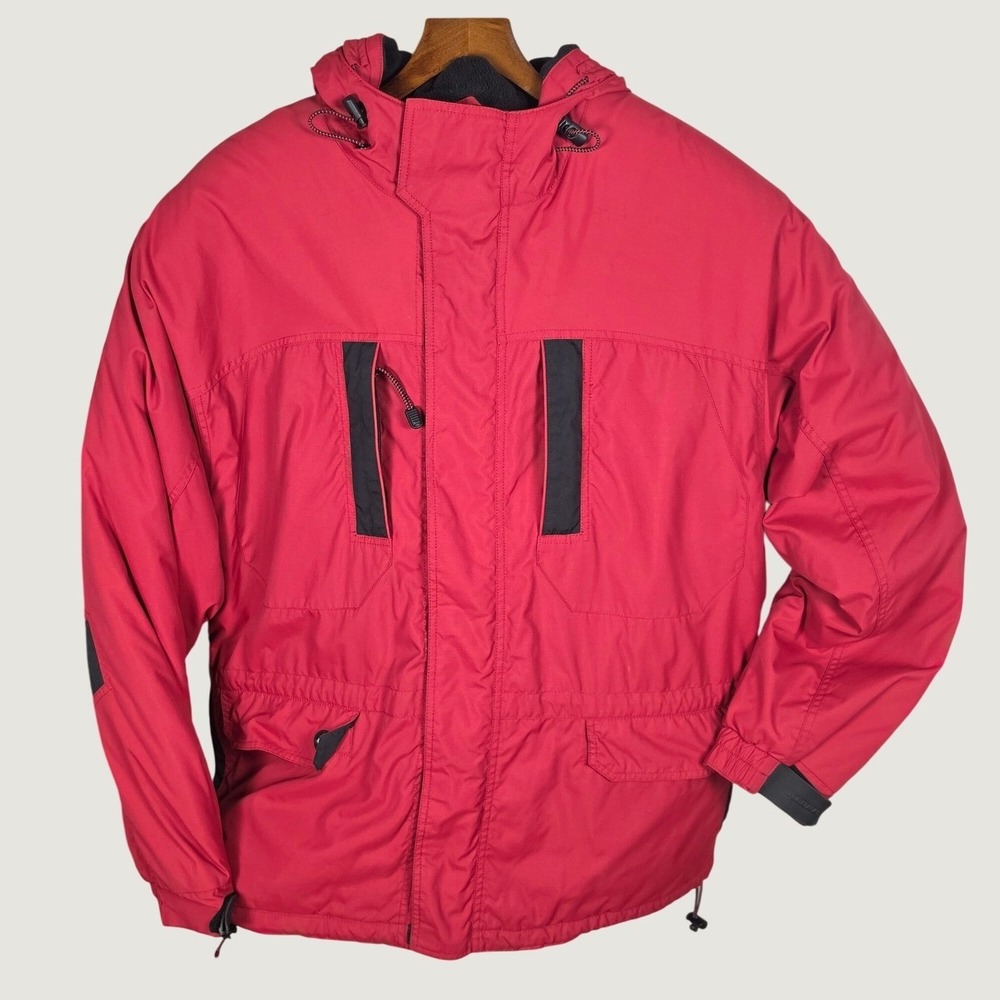 Old Navy Hooded Ski Jacket Mens L Red Lined Hooded Coat Zip & Hook Loop